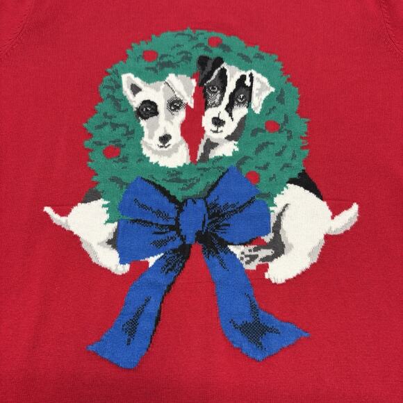 Lands End Christmas Sweater Christmas Wreath With Dogs Red Women’s Size L - Picture 2 of 8